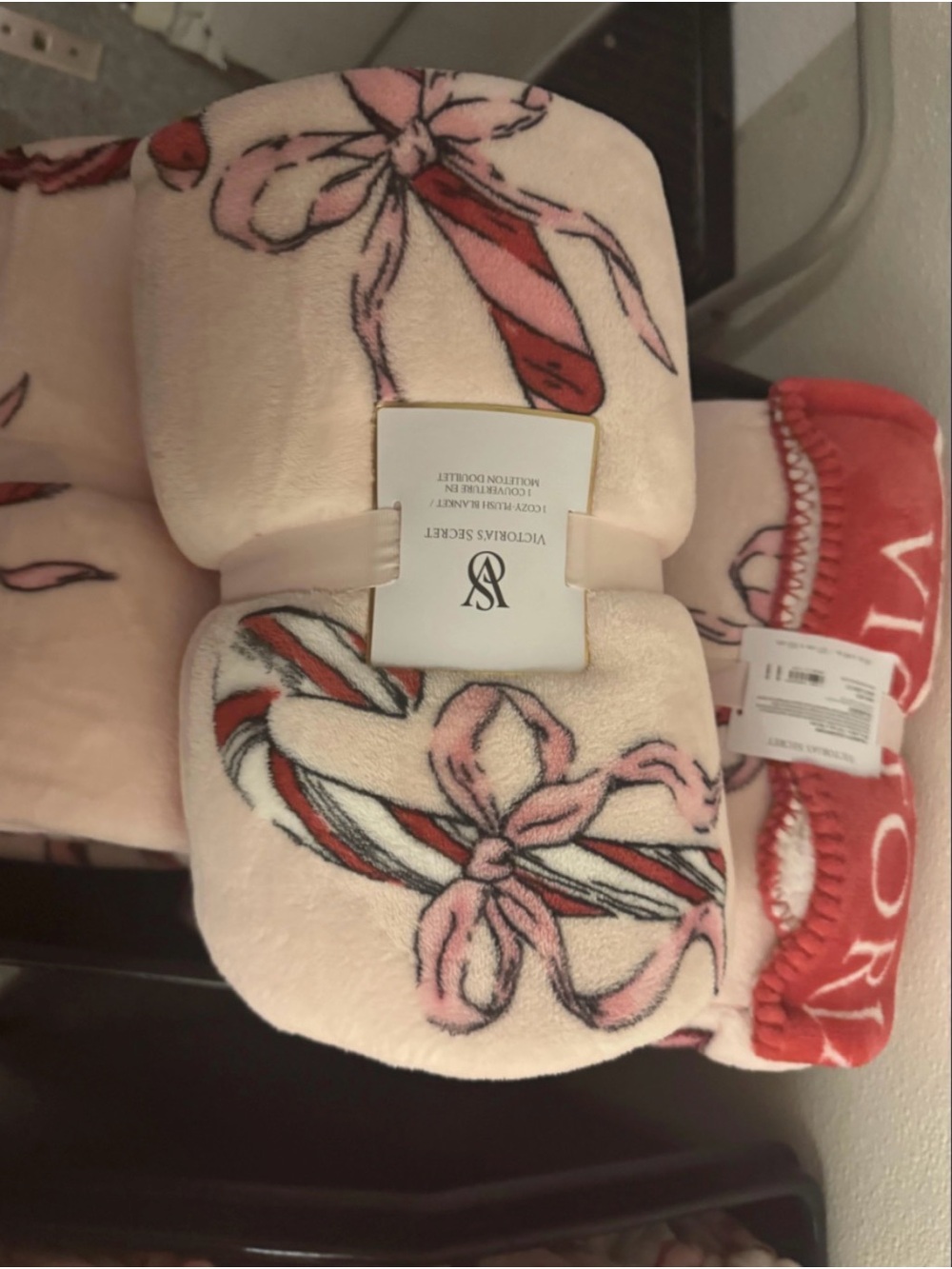 Victoria's Secret Pink Candy Cane Bow Plush Throw